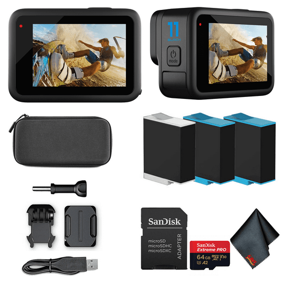 GoPro HERO11 (HERO 11) (New) - 27MP Waterproof Action Camera + 64GB Card and 2 Extra Batteries