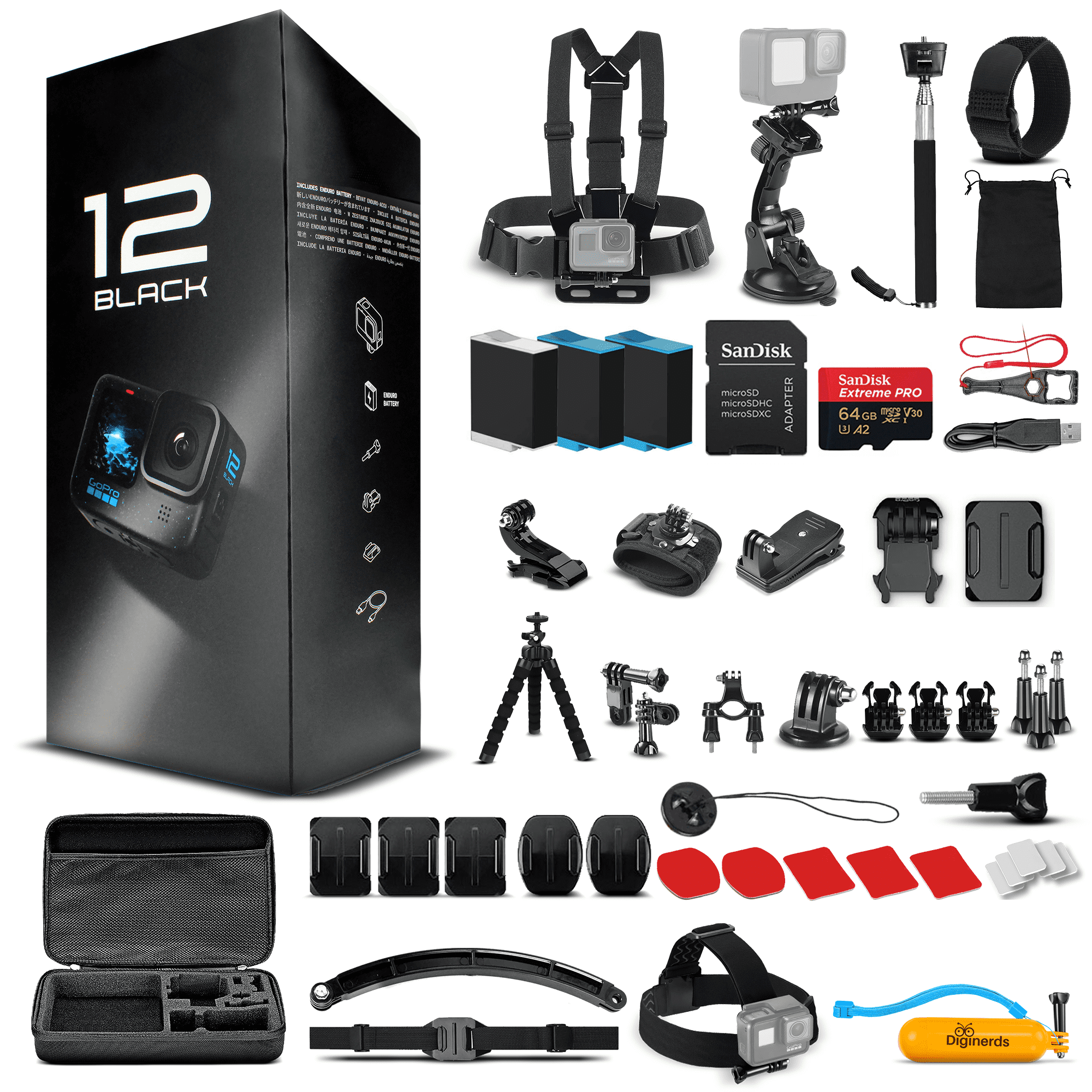 GoPro HERO12 Waterproof Action Camera - 5.3K60 UHD Video, 64GB Card & 50-Piece Accessory Kit