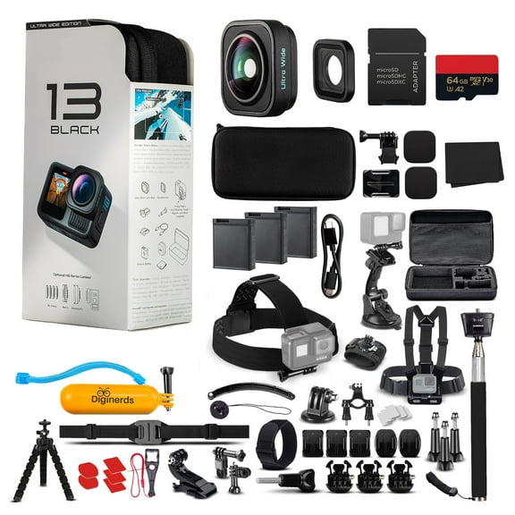 GoPro HERO13 Black 2025 Ultra Wide Edition Action Camera with 64GB Card, 50-Piece DigiNerds Accessory Kit and 2 Batteries