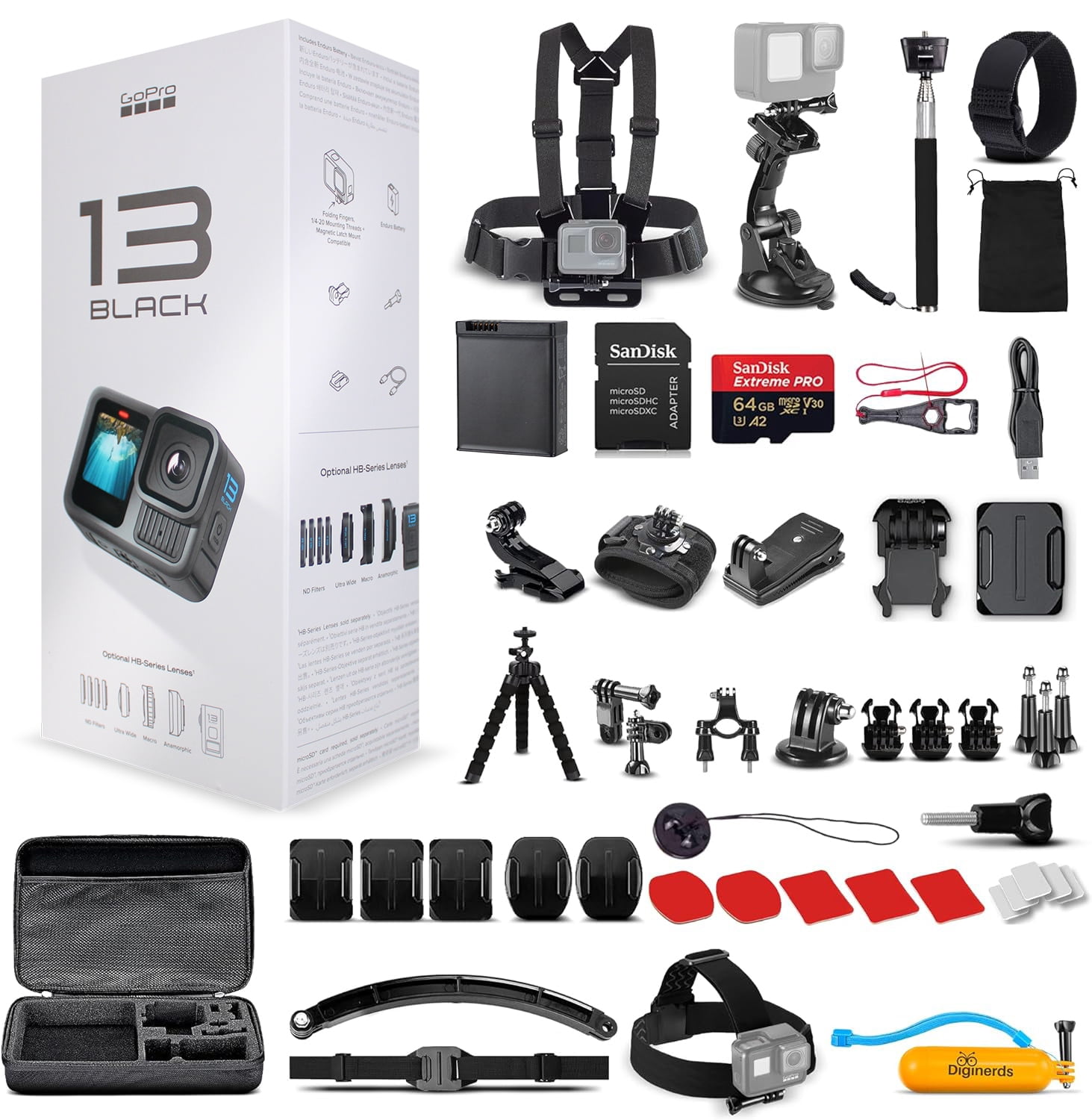 GoPro HERO13 Black Waterproof Action Camera with 5.3K HDR Video, 27MP Photos, 64GB Card and 50-Piece DigiNerds Accessory Kit