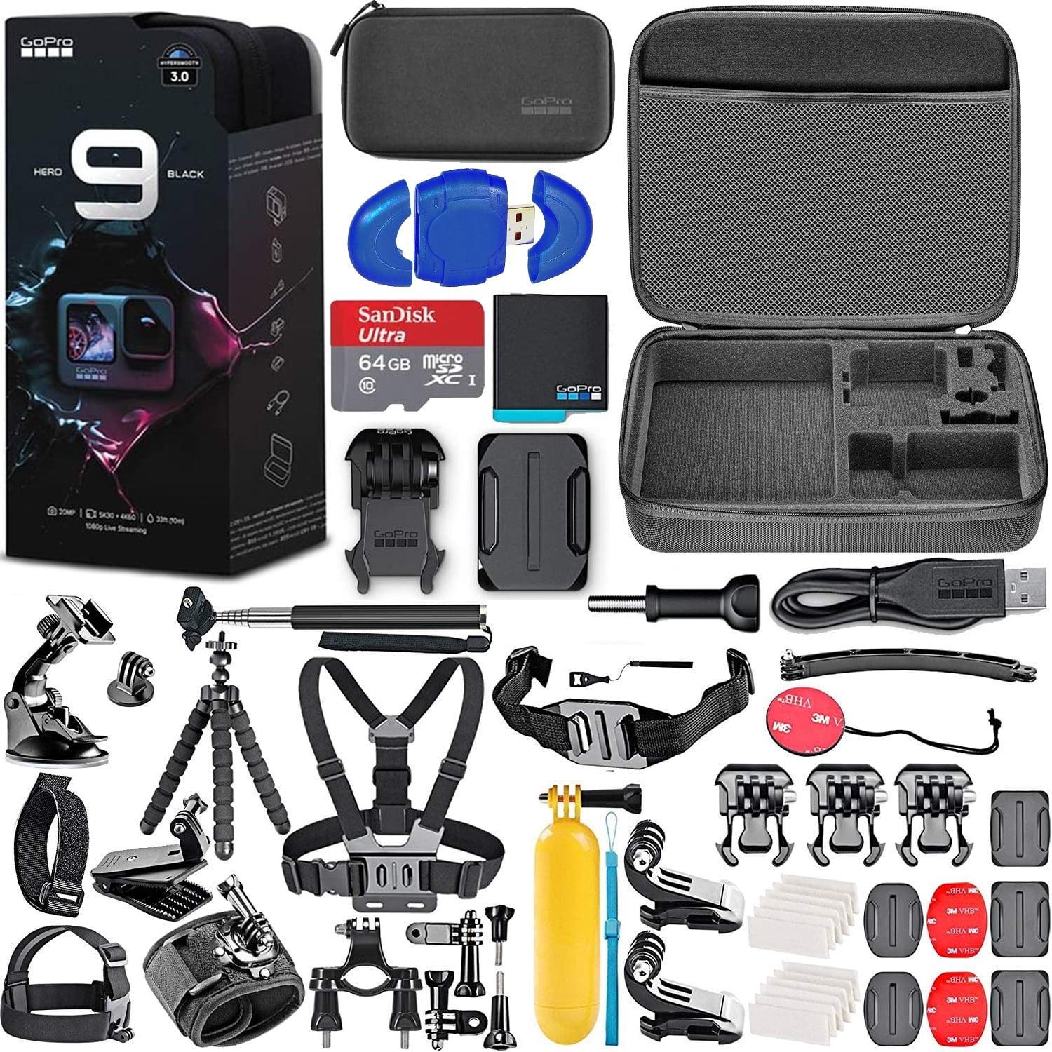 GoPro HERO9 Black Action Bundle with SanDisk 64GB Card, Hard Case 
