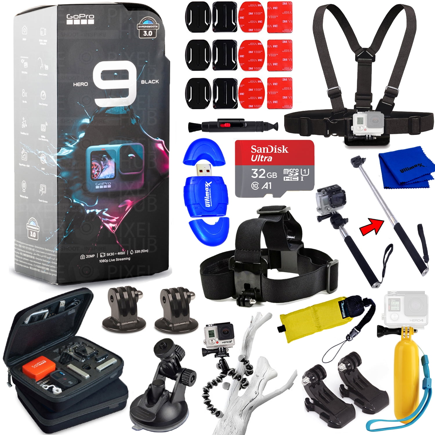 GoPro HERO9 Black Waterproof 4K Camcorder All In 1 PRO ACCESSORY KIT with  SanDisk GB, 3 Way Tripod, Medium Case, Head and Chest Strap, Selfie Stick