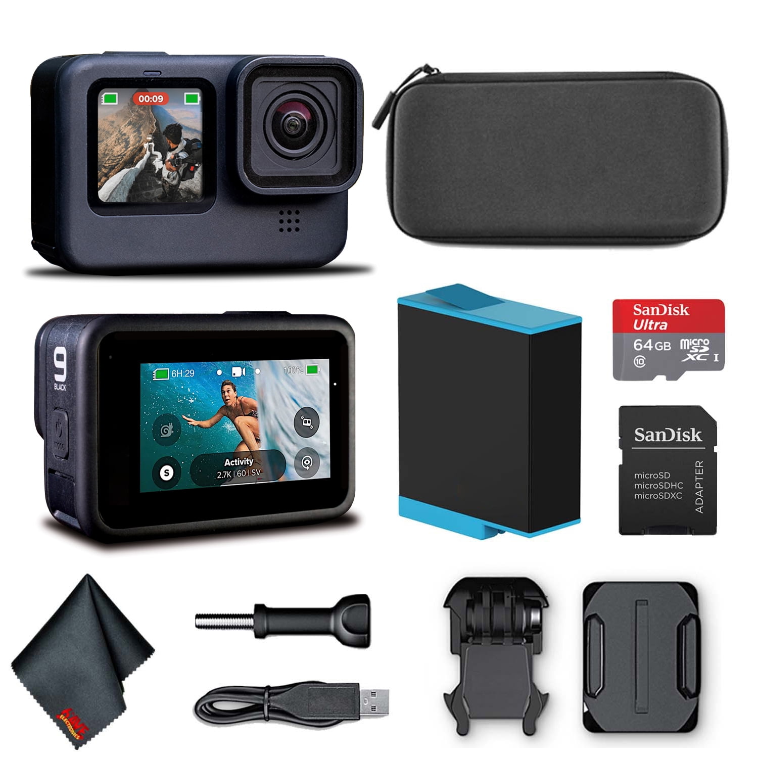 GoPro HERO9 (HERO 9) Black (New), 23 megapixels Action Camera + 64GB Card  and Cleaning Cloth 