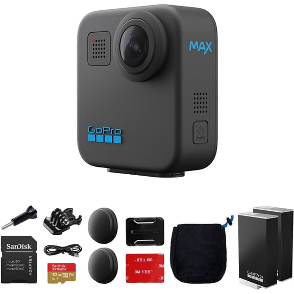 GoPro MAX 360 Action Camera with 5.6K30 Video Recording, Max HyperSmooth Stabilization & PowerPano with Extra Enduro Rechargeable Li-Ion Battery & 32GB Extreme UHS-I microSDHC Memory Card Bundle Kit