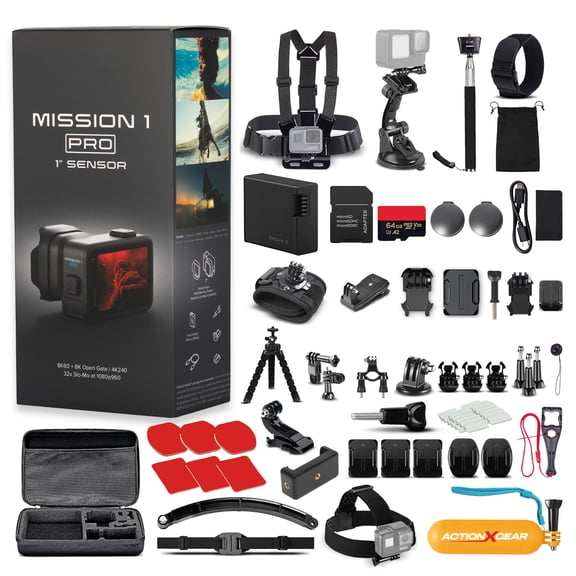 GoPro Mission 1 PRO Action Camera, 1-Inch Sensor, 8K60 Video, 50MP Photos, HyperSmooth Stabilization, Waterproof, 64GB Memory Card, 120-in-1 Accessory Kit
