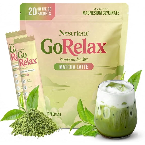 Nestrient GoRelax Drink Mix Powder for Relaxation with Ashwagandha KSM-66, L-Theanine & Magnesium, Matcha Latte, 20 Stick Packets