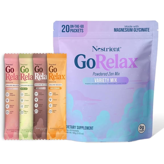 Nestrient GoRelax Drink Mix Powder for Relaxation with Ashwagandha KSM-66, L-Theanine & Magnesium, Variety Pack, 20 Stick Packets