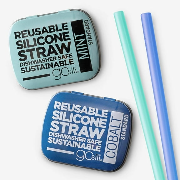 GoSili Reusable Silicone Travel Straws with Case, Flexible Collapsible Straws for Tumblers, Dishwasher Safe, 2pk, Cobalt/Mint