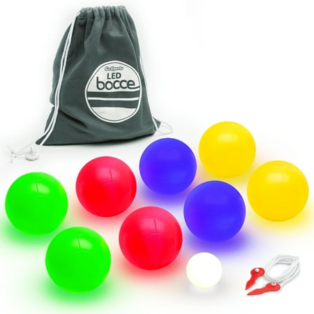 GoSports 100mm LED Bocce Ball Game Set - Includes 8 Light Up Bocce Balls, Pallino, Case and Measuring Rope