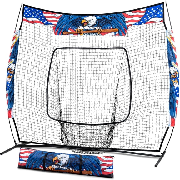 GoSports 7 x 7 ft America Drip Baseball & Softball Batting Net - Full Size Hitting & Pitching Net with Strike Zone and Carry Case