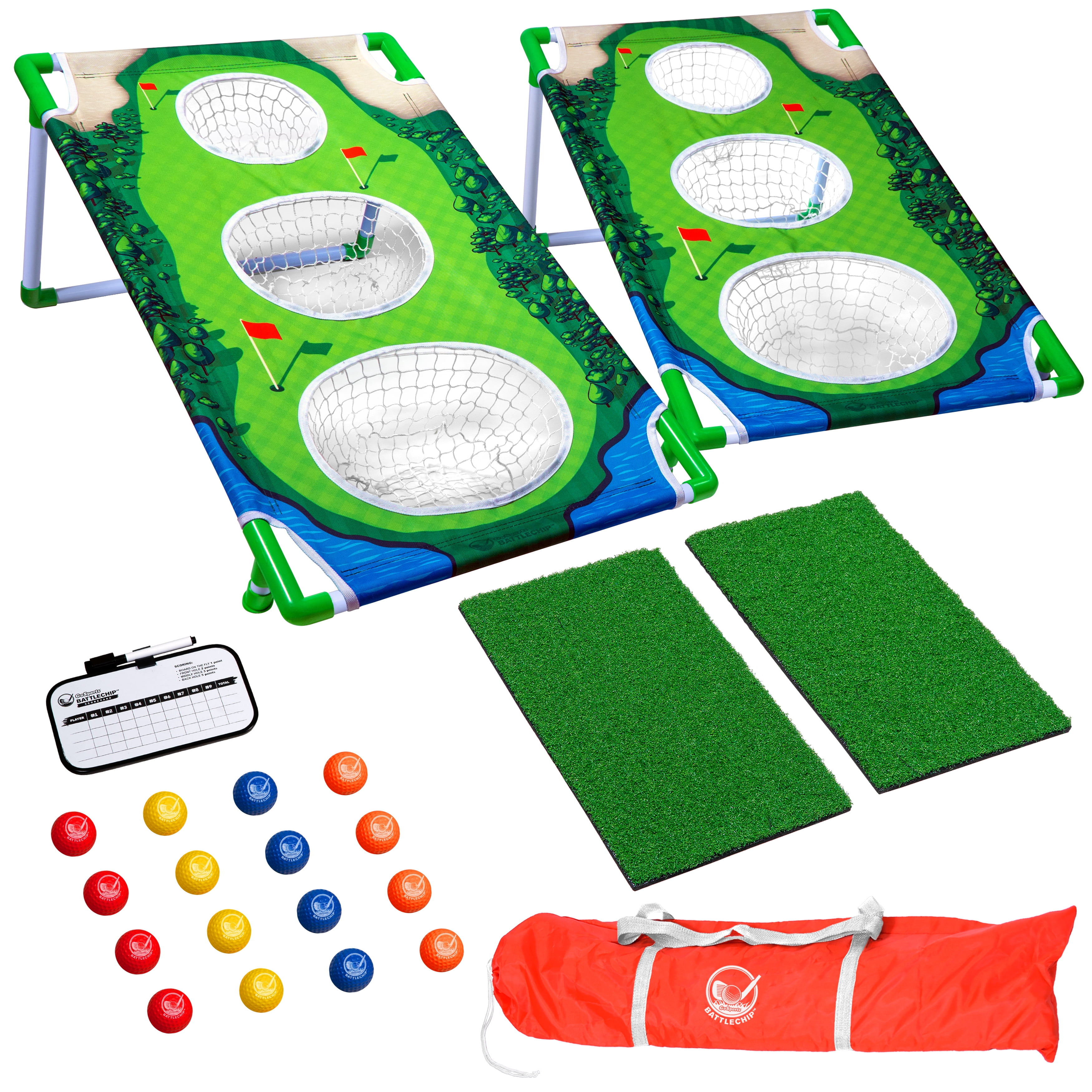GoSports BattleChip MATCH Backyard Golf Cornhole Game - Includes 2 Chipping Targets, 16 Foam Balls, Hitting Mat, Scorecard and Carrying Case