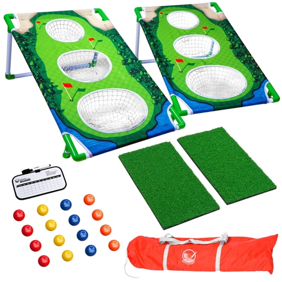 GoSports BattleChip MATCH Backyard Golf Cornhole Game - Includes 2 Chipping Targets, 16 Foam Balls, Hitting Mat, Scorecard and Carrying Case