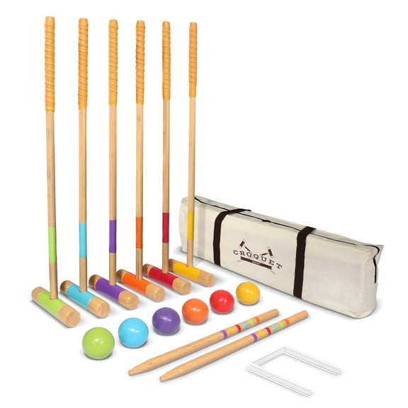 GoSports Deluxe Croquet Set - Full Size for Adults & Kids, Includes 6 Croquet Premium Wood Mallets(35 In Long), 6 Balls, 9 Wickets