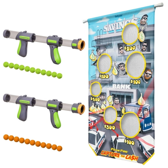 GoSports Foam Fire Capture The Cash Game Set | Includes Universal Door Frame Tension Rod, Toy Blasters and Foam Balls