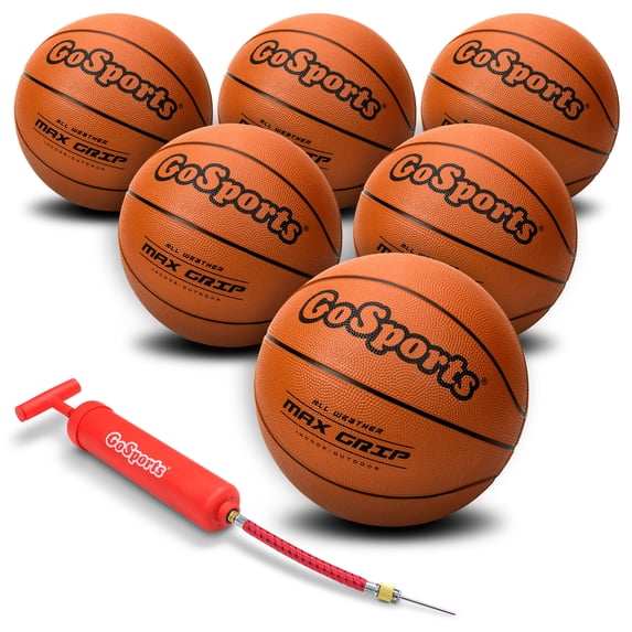 GoSports Indoor / Outdoor Rubber Size 7 Basketball - 29.5" Basketball 6 Pack, Includes Pump and Tote