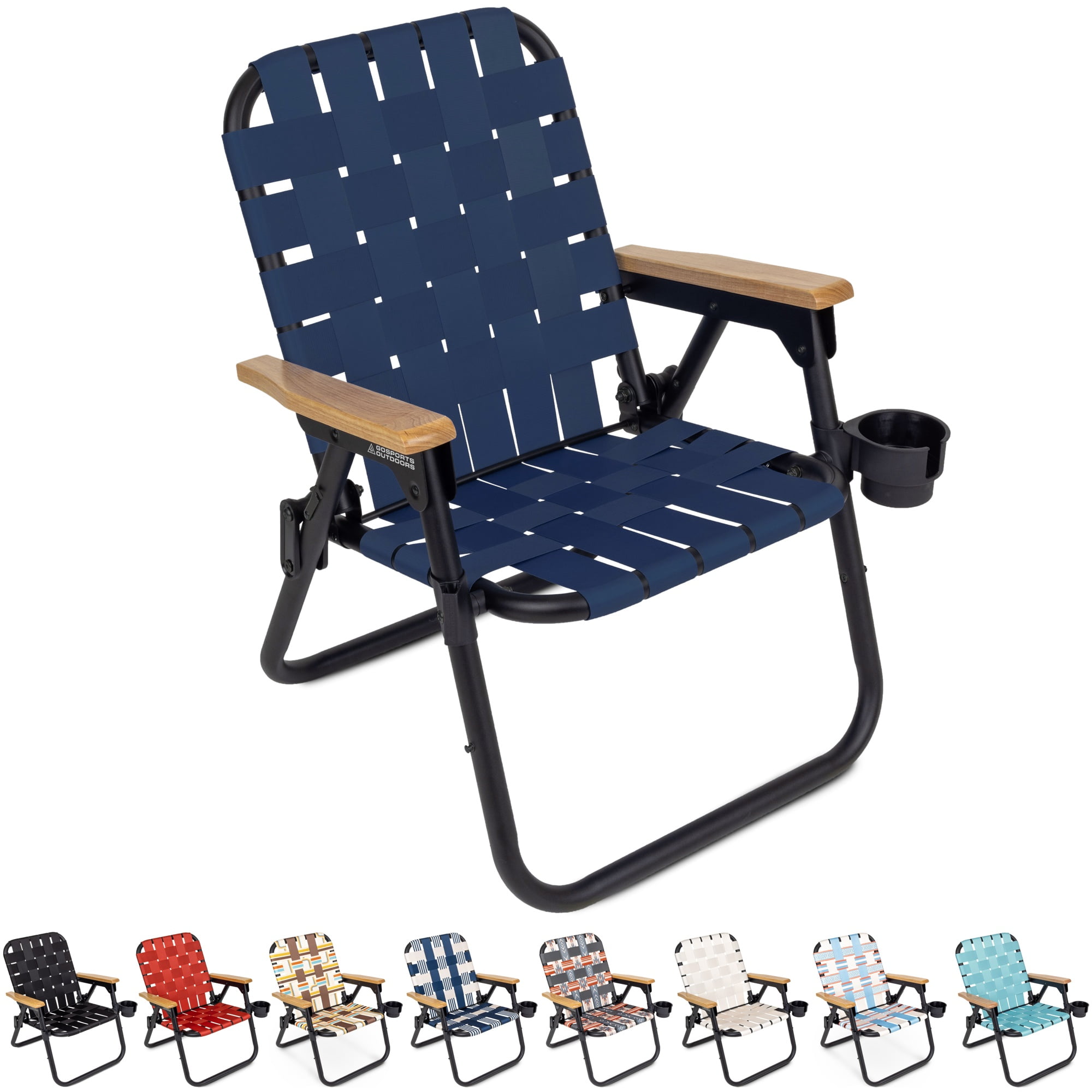 Navy Woven Aluminum Beach and Camping Chair with Hardwood Arms