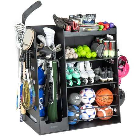 GoSports Premium Wooden Sports Equipment Organizer with Storage Hooks - Golf Bag Rack and Multi-Sport Ball Bin for Garage