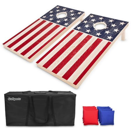GoSports Regulation Size Solid Wood Cornhole Set - American Flag Design - Includes Two 4' x 2' Boards, 8 Bean Bags, Carrying Case and Game Rules
