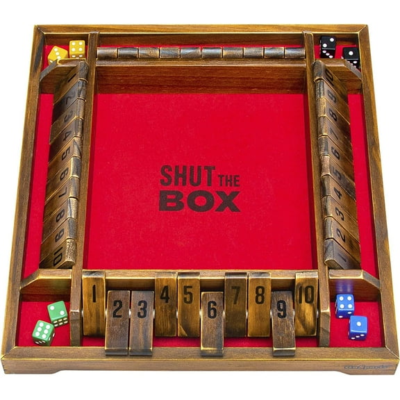 GoSports Shut the Box Premium Wooden Dice Game - Classic 4 Player Board Family Game, 10 Number Rows with Red Felt, Dice and Wood Stain Finish - For Kids and Adults