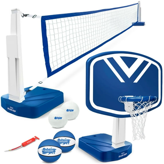 GoSports Splash Hoop 2-in-1 Pool Basketball Hoop and Volleyball Net Game Set in blue
