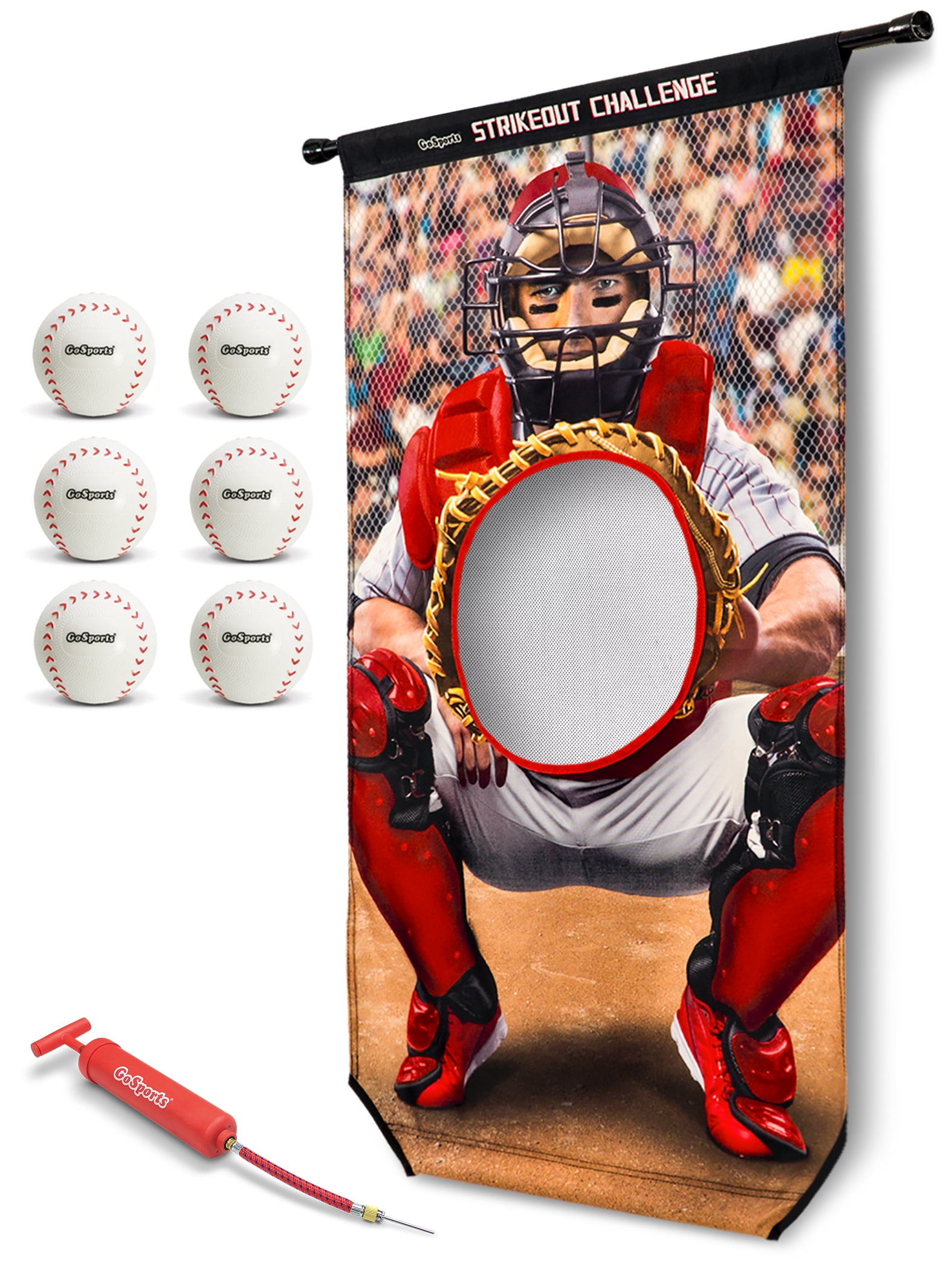 GoSports Strikeout Challenge Baseball Toss Doorway Game, Includes Universal Door Frame Tension Rod and Inflatable Baseballs with Ball Pump