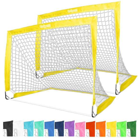 GoSports Team Tone 4 ft x 3 ft Portable Soccer Goals for Kids - Set of 2 Pop Up Nets for Backyard - Yellow