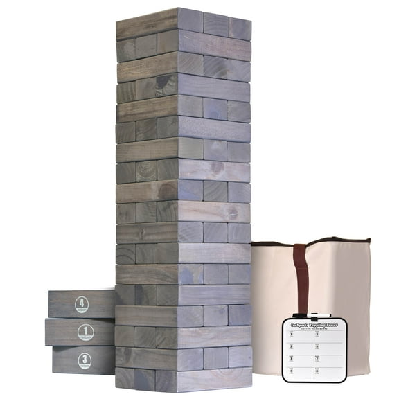 GoSports Toppling Tower - Giant Wooden Stacking Game - Stacks Up to 5 ft - Gray Wood Stain