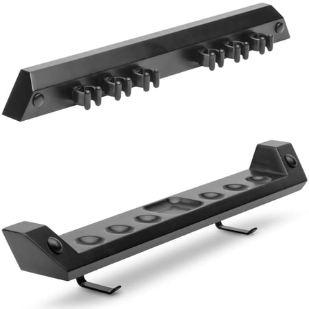 GoSports Wall Mounted Pool Cue Stick Holder - Holds 6 Billiards Cues and 2 Triangle Racks - Black