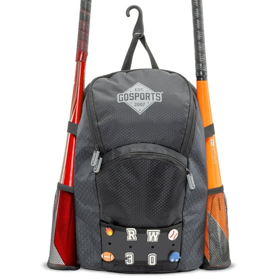 GoSports Youth Baseball and Softball Kids Backpack Bag with Customizable Charm Panel
