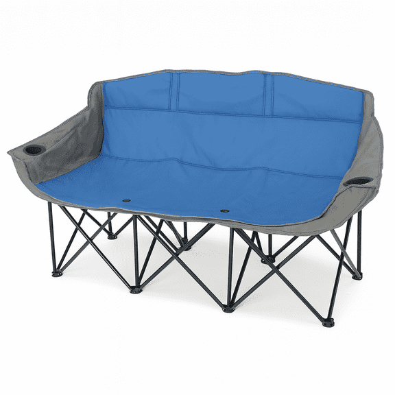 GoTEAM Portable Folding Bench Couch – 3 Seat Collapsible Outdoor Chair with Cup Holders & Carry Bag (Blue/Gray)