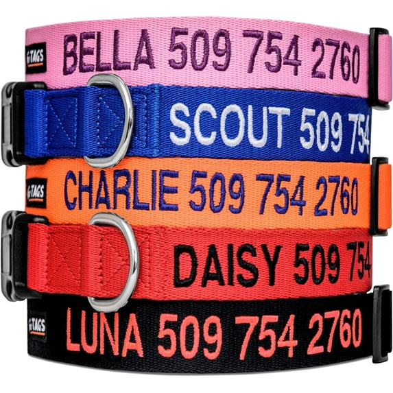 GoTags Personalized Dog Collar, Custom Embroidered Collar with Pet Name and Phone Number in Blue, Black, Pink, Red and Orange, for Boy and Girl Dogs or Cats, Adjustable Sizes, Small, Medium, and Large