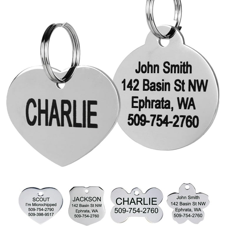 GoTags Stainless Steel Pet ID Tags Personalized Dog Tags and Cat Tags up to 8 Lines of Custom Text Engraved on Both Sides in Bone Round Heart Bow Tie and More