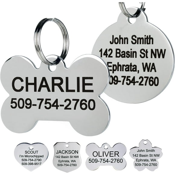 GoTags Stainless Steel Pet ID Tags, Personalized Dog Tags and Cat Tags, up to 8 Lines of Custom Text, Engraved on Both Sides, in Bone, Round, Heart, Bow Tie and More