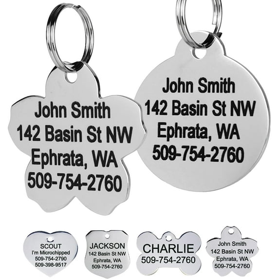 GoTags Stainless Steel Pet ID Tags, Personalized Dog Tags and Cat Tags, up to 8 Lines of Custom Text, Engraved on Both Sides, in Bone, Round, Heart, Bow Tie and More