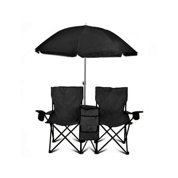 GoTeam Double Folding Chair Set with Umbrella and Cooler Bag, Black