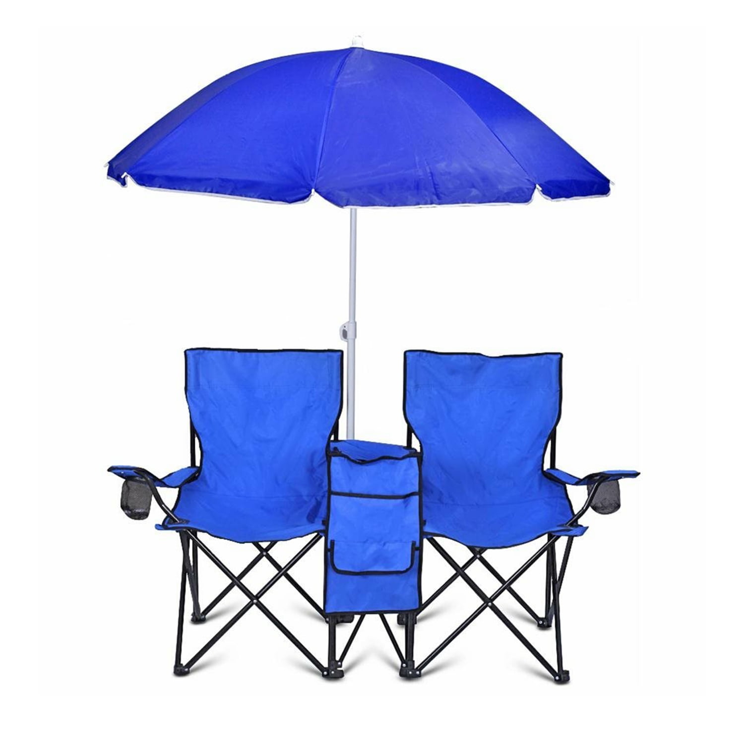 Blue Double Folding Camping Chair with Umbrella and Cooler