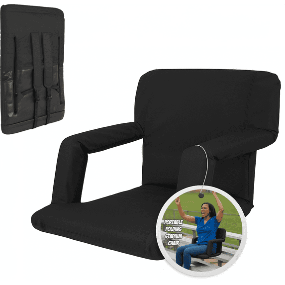 GoTeam Portable Reclining Anywhere Chair - Portable Folding Cushioned Stadium Seat w/Arms (Black)
