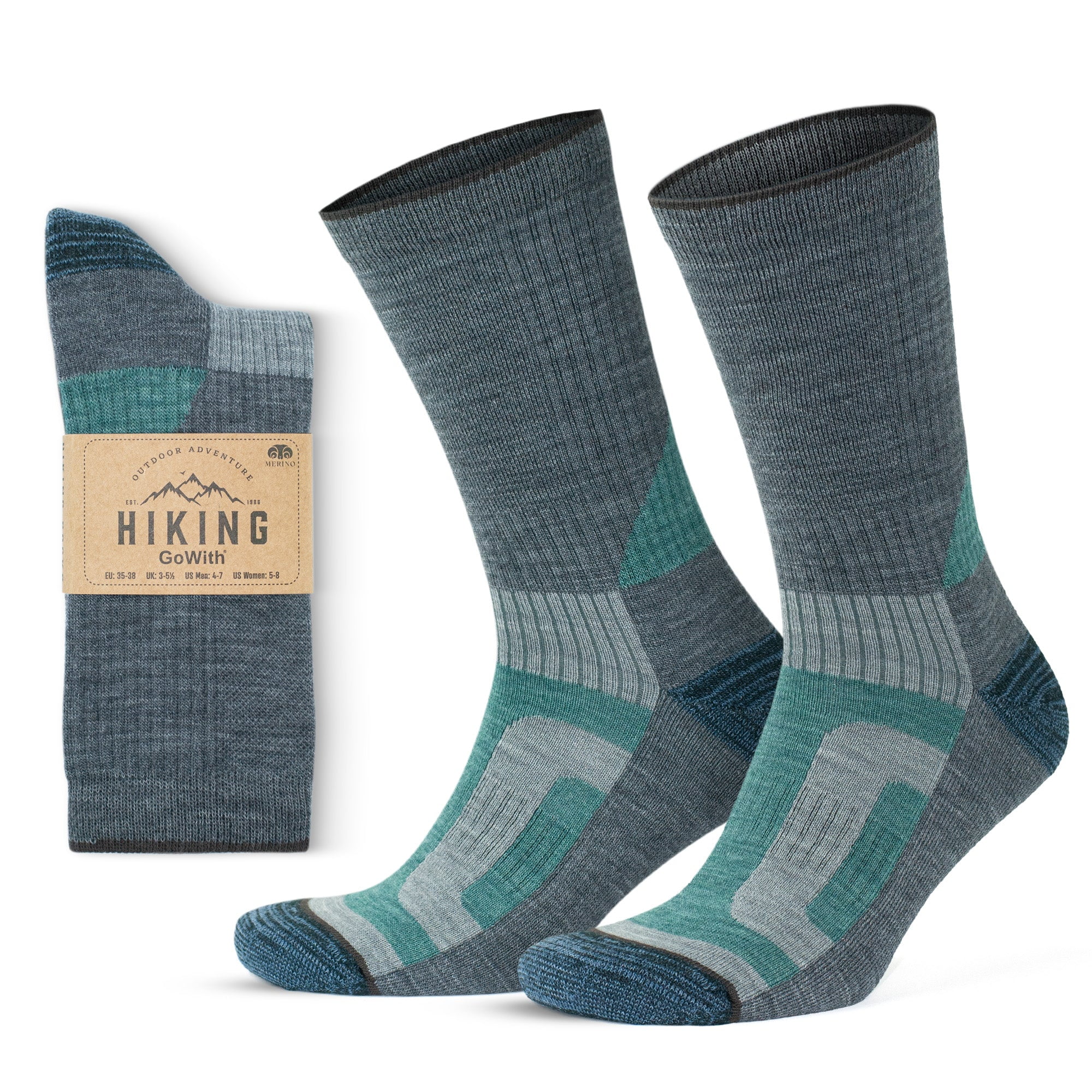 FUN TOES Men's Heavy Duty Merino Wool Hiking Socks - 2 Pairs, Thermal, Size 8-12, Blue