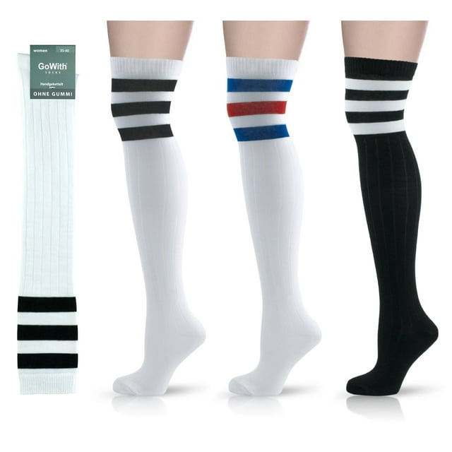 GoWith Women's Cotton Striped Over The Knee Socks | 3 Pairs | Model ...