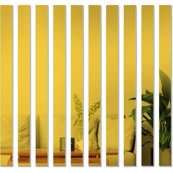 FASTBIRD 10 Pcs Gold Mirror Wall Stickers Striped Design Mirror Art Tile Decal DIY Self Adhesive Wall Line Border Decals Removable Acrylic Mirror Sheets for Home Decor, 0.8*20 Inch