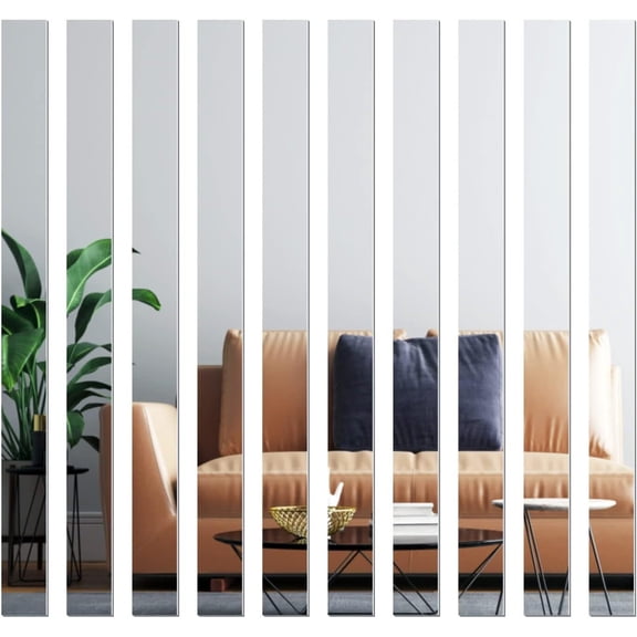 GoXteam 10 Pcs Silver Mirror Wall Stickers Striped Design Mirror Art Tile Decal DIY Self Adhesive Wall Line Border Decals Removable Acrylic Mirror Sheets for Home Decor, 2*20 Inch