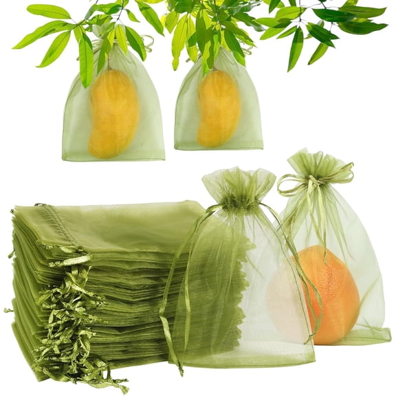 GoXteam 100Pcs Fruit Protection Bags, 6.7x9 Inch Green Strawberry Netting Cover Drawstring Mesh Bags Pest Barrier for Blueberry Small Fruit