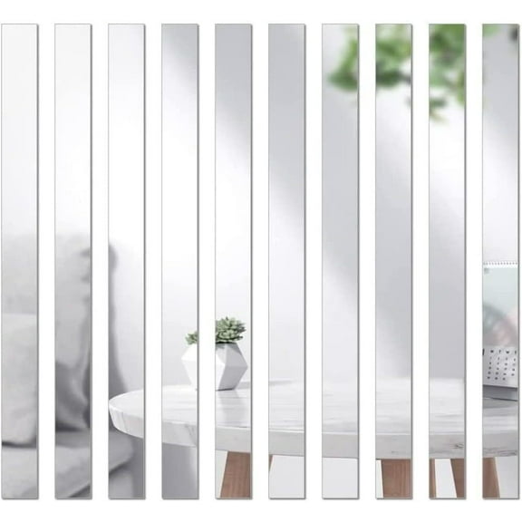 GoXteam 10Pcs DIY Striped Mirror Stickers 2 x 20 inch Self Adhesive Long Acrylic Wall Decals Mirror Strips Removable for Adult (Silver)