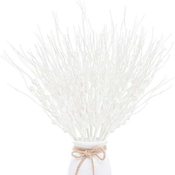 GoXteam 10pcs Christmas Glitter Berry Stems 17 inch Artificial Curly Berry Stems Decorative Glittery Twigs Sticks Branches Ornaments for Xmas Tree Vase DIY Wreath Crafts Home Decor, White