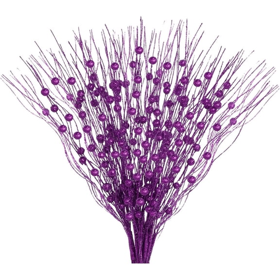 GoXteam 10pcs Christmas Glitter Berry Stems 17 inch Artificial Curly Berry Stems Decorative Glittery Twigs Sticks Branches Ornaments for Xmas Tree Vase DIY Wreath Crafts Home Decor, Purple