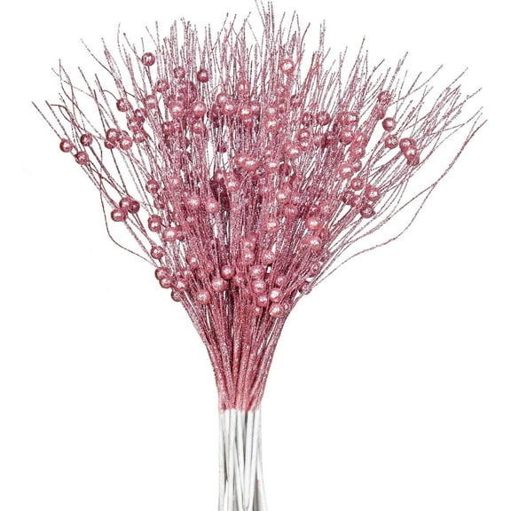 GoXteam 10pcs Pink Artificial Glitter Berry Stem Ornaments 17 Inches Fake Halloween Picks Branches Decorative Glitter Sticks for Vase Christmas Tree DIY Wreath Crafts Fireplace
