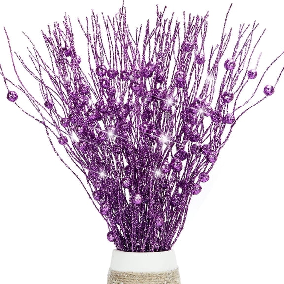 GoXteam 10pcs Purple Artificial Glitter Berry Stem Ornaments 17 Inches Fake Halloween Picks Branches Decorative Glitter Sticks for Vase Christmas Tree DIY Wreath Crafts Fireplace