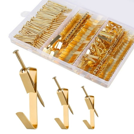 GoXteam 184Pcs Picture Hangers, Heavy Duty Photo Picture Hanging Kit Holds 20/30/50lbs, Picture Hooks with Nails, on Drywall Wooden Wall, Gold