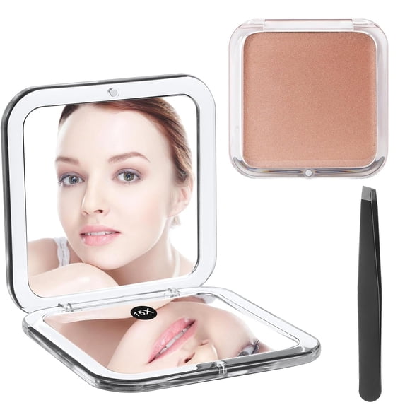 GoXteam 1X/15X Magnifying Mirror, Pocket Mirror for Purse, Travel Makeup Mirror with 15X/1X Magnification, Travel Essentials Mirror, Precision Tweezers, for Women, Rose Gold