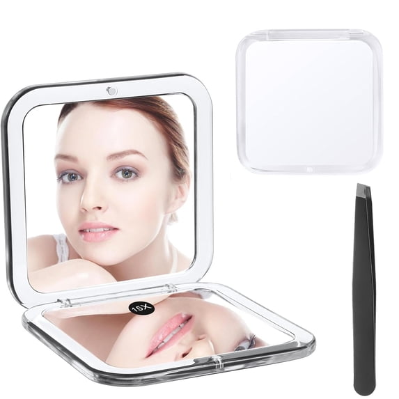 GoXteam 1X/15X Magnifying Mirror, Pocket Mirror for Purse, Travel Makeup Mirror with 15X/1X Magnification, Travel Essentials Mirror, Precision Tweezers, for Women, White